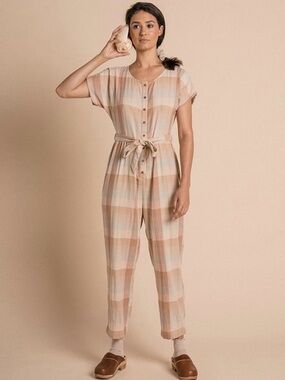 Olliella Lightweight Plaid Button-Front jumpsuit in soft pastel plaid size Xl